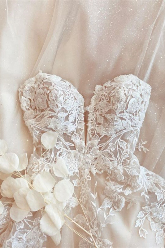 Stunning Spaghetti-Strap Tulle A Line Lace Wedding Dress-BallBride