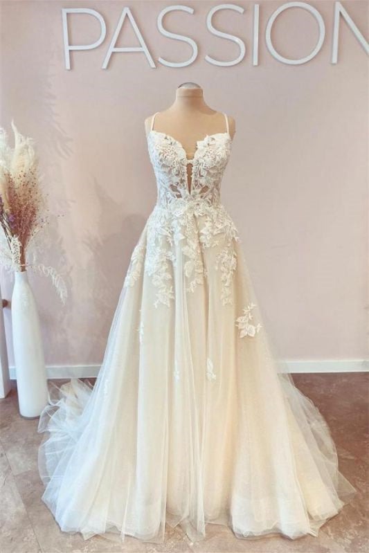 Stunning Spaghetti-Strap Tulle A Line Lace Wedding Dress-BallBride