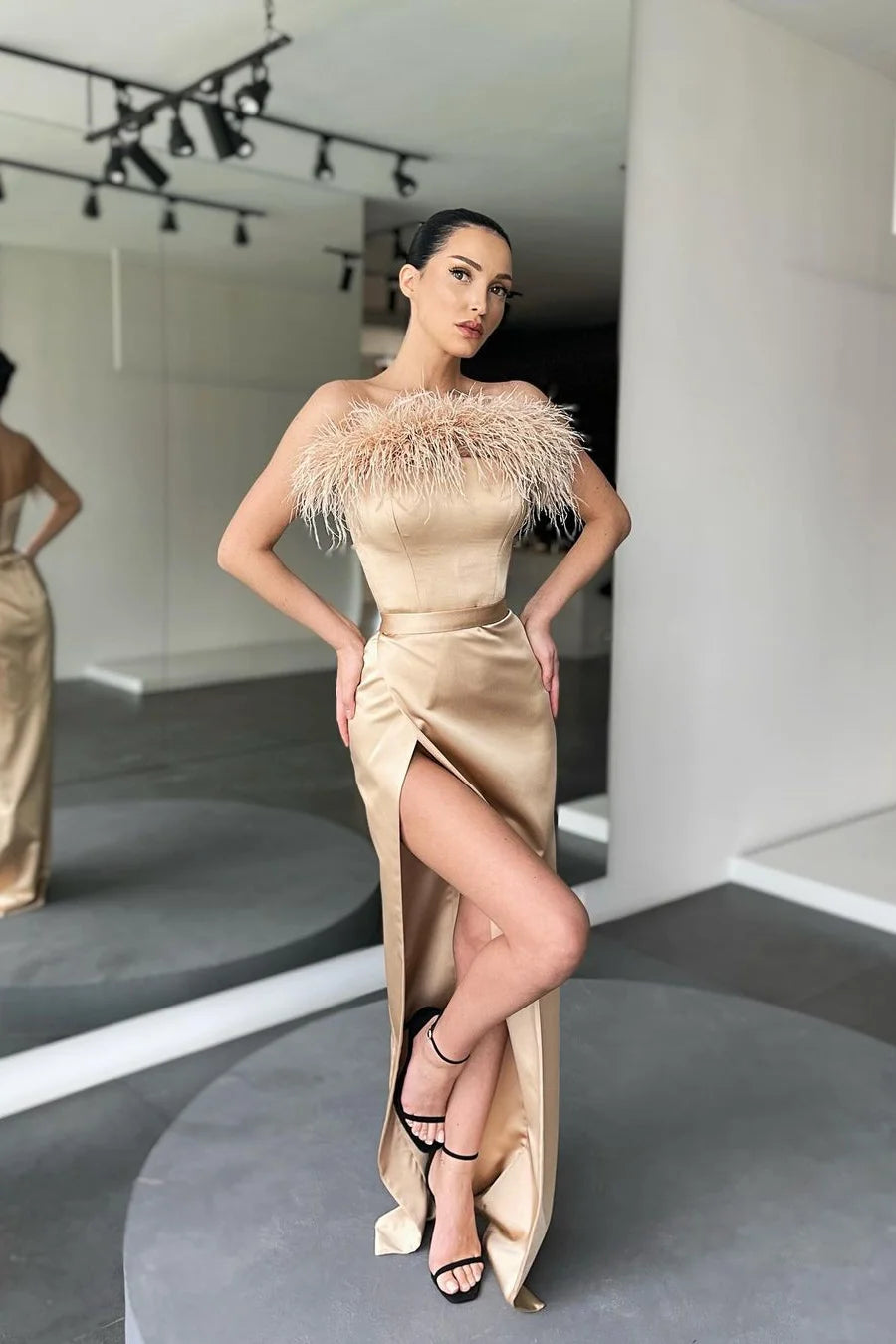 Stunning Strapless Feather Mermaid Evening Dress With Slit-BallBride