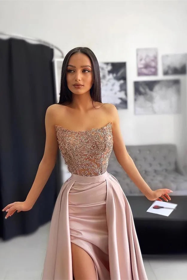 Stunning Strapless Mermaid Slit Evening Dress Ruffles With Appliques-BallBride