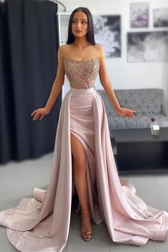 Stunning Strapless Mermaid Slit Evening Dress Ruffles With Appliques-BallBride