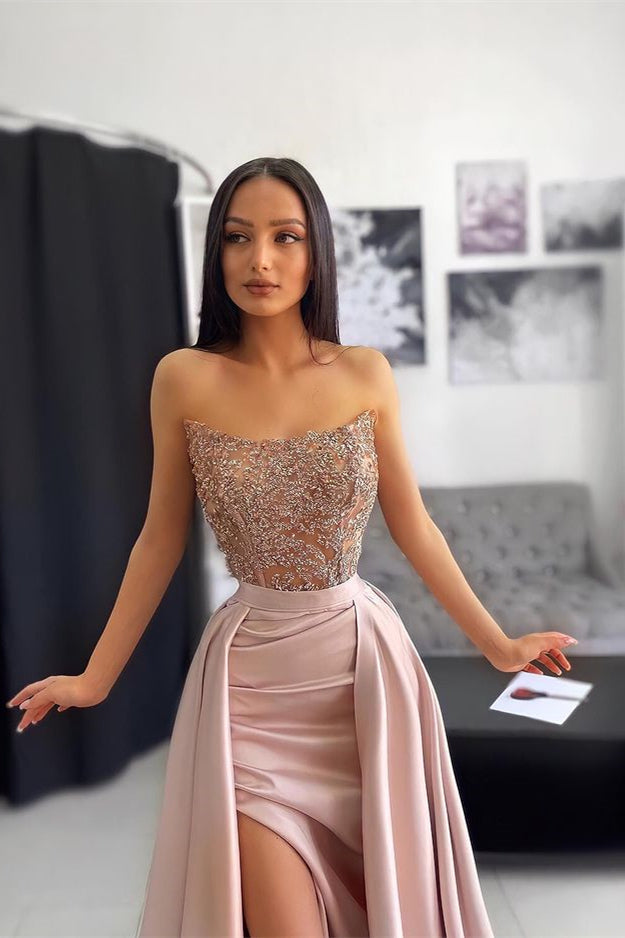 Stunning Strapless Mermaid Slit Evening Dress With Appliques-BallBride
