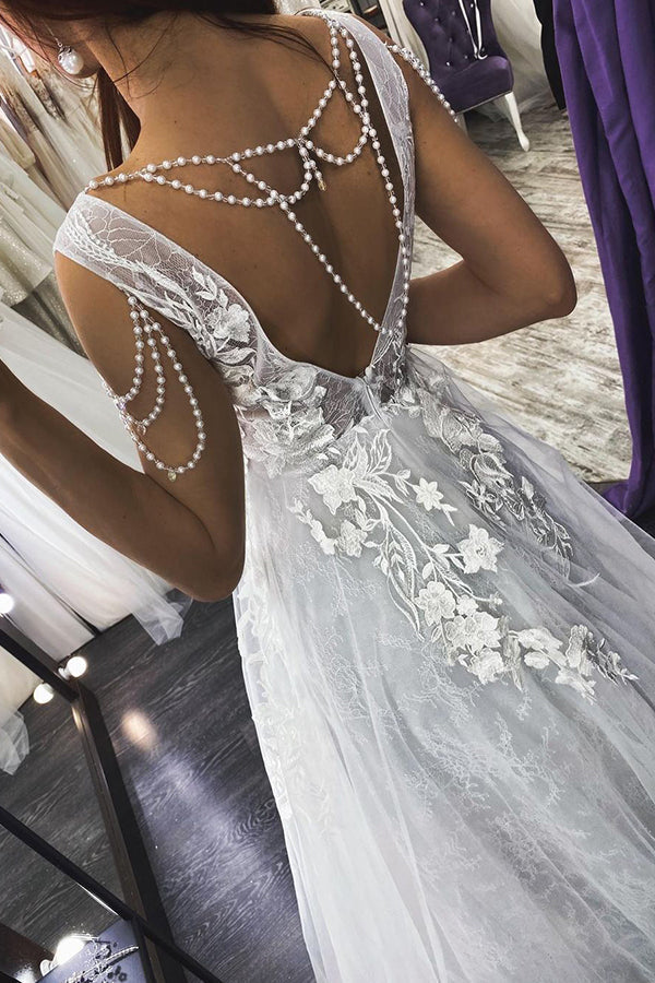 Stunning Straps V-neck A-line Backless Wedding Dress With Appliques Pearls-BallBride