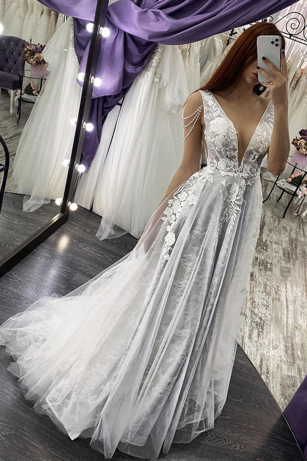 Stunning Straps V-neck A-line Backless Wedding Dress With Appliques Pearls-BallBride