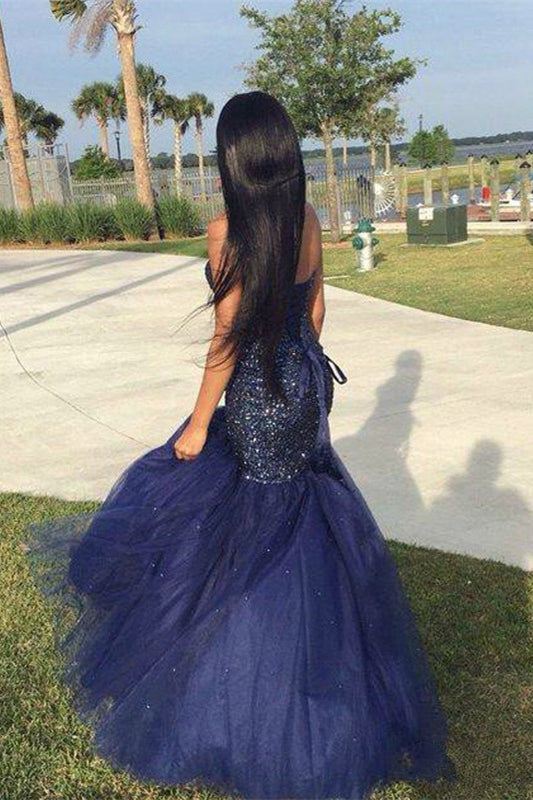 Stunning Sweetheart Navy Mermaid Prom Dress with Sequins Appliques-BallBride