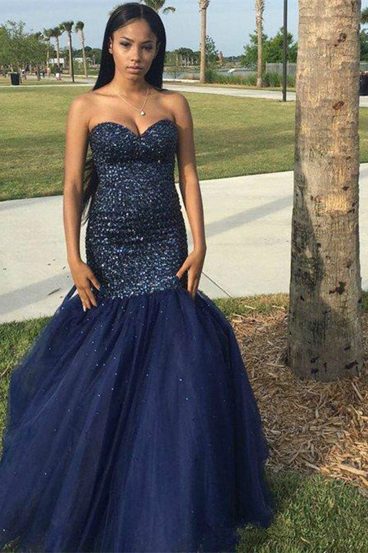 Stunning Sweetheart Navy Mermaid Prom Dress with Sequins Appliques-BallBride