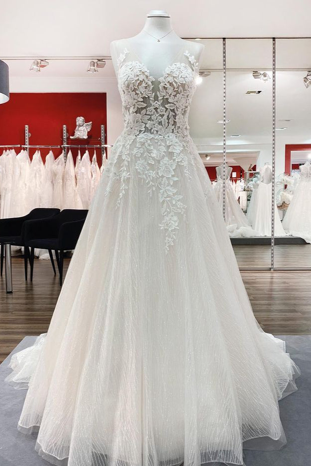Stunning Sweetheart Tulle Wedding Dress with A-line Skirt, Open Back and Appliques Ruffles-BallBride