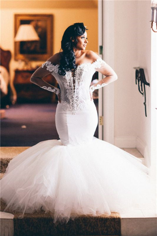 Stunning Tulle Mermaid Wedding Dress with Appliques and Long Sleeves-BallBride