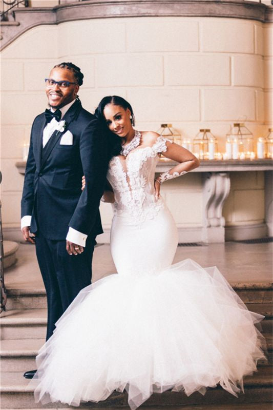Stunning Tulle Mermaid Wedding Dress with Appliques and Long Sleeves-BallBride
