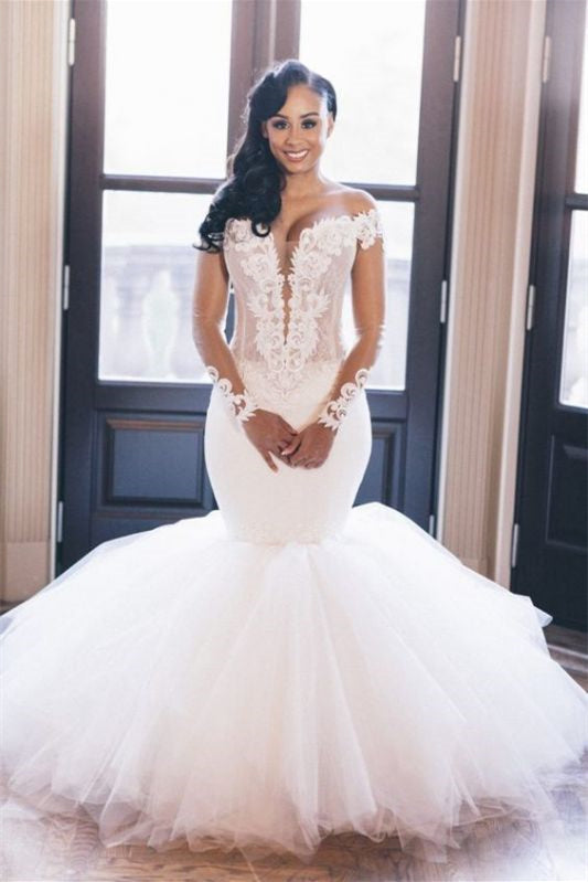 Stunning Tulle Mermaid Wedding Dress with Appliques and Long Sleeves-BallBride