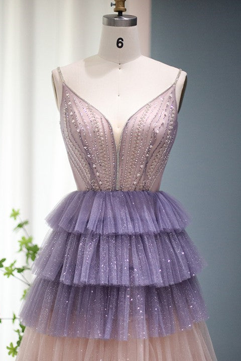 Stunning V Neck Evening Dress with Layered Hem & Sequins Beaded-BallBride