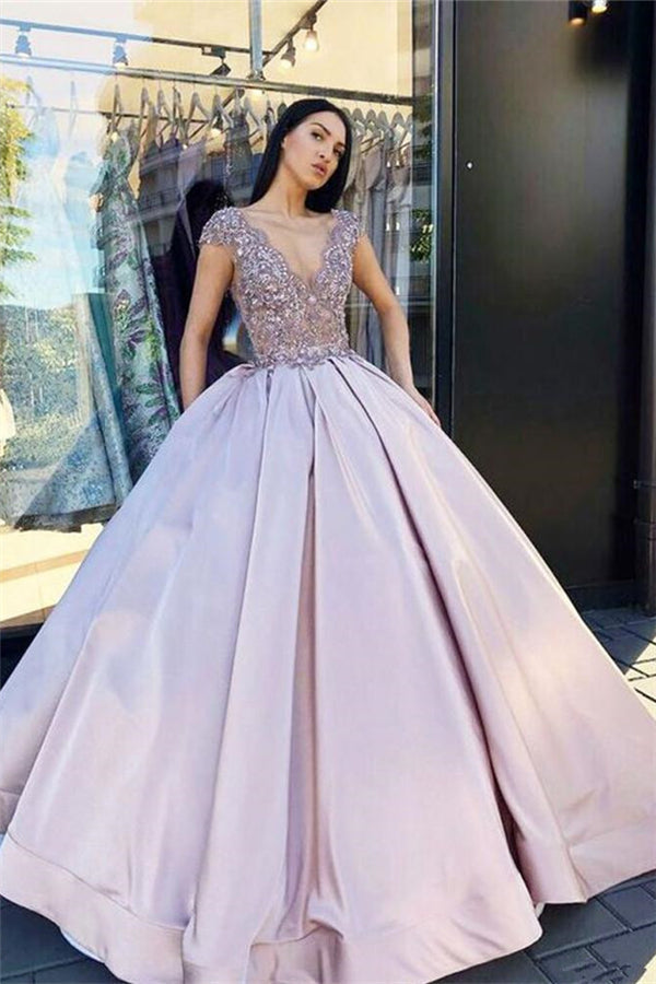 Stunning V-Neck Lace Appliques Ball Gown Prom Dress with Cap Sleeves-BallBride