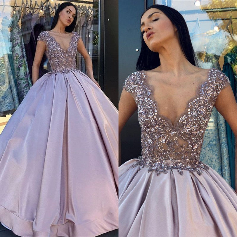 Stunning V-Neck Lace Appliques Ball Gown Prom Dress with Cap Sleeves-BallBride
