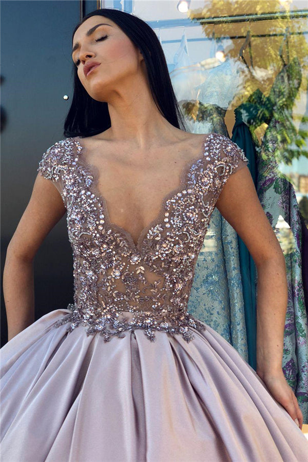 Stunning V-Neck Lace Appliques Ball Gown Prom Dress with Cap Sleeves-BallBride