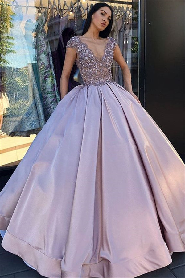 Stunning V-Neck Lace Appliques Ball Gown Prom Dress with Cap Sleeves-BallBride