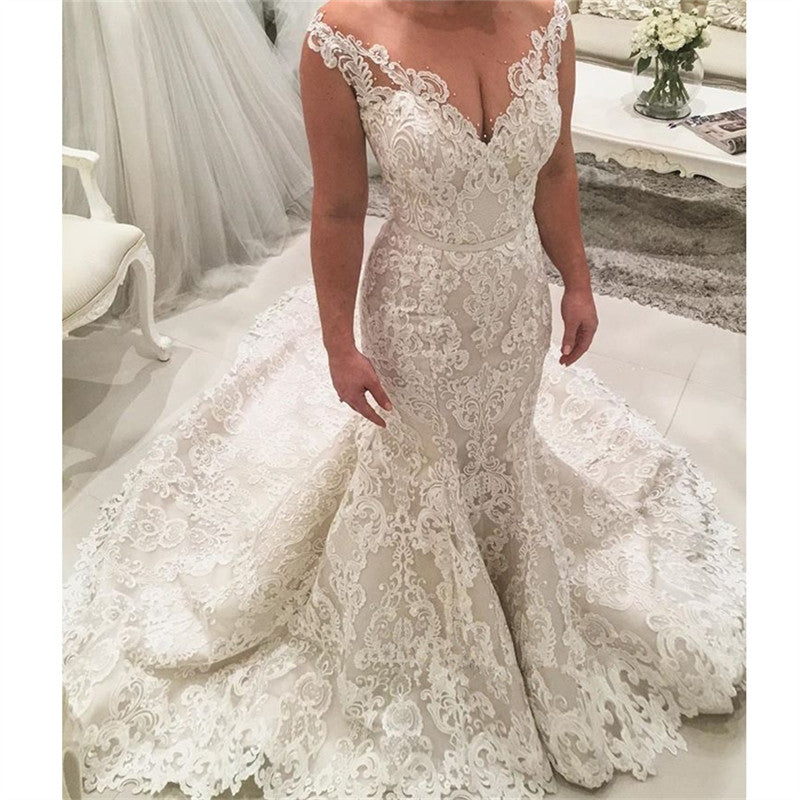 Stunning V-Neck Long Wedding Dress with Off-the-Shoulder and Lace Appliques-BallBride