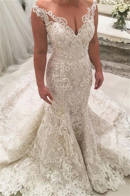 Stunning V-Neck Long Wedding Dress with Off-the-Shoulder and Lace Appliques-BallBride