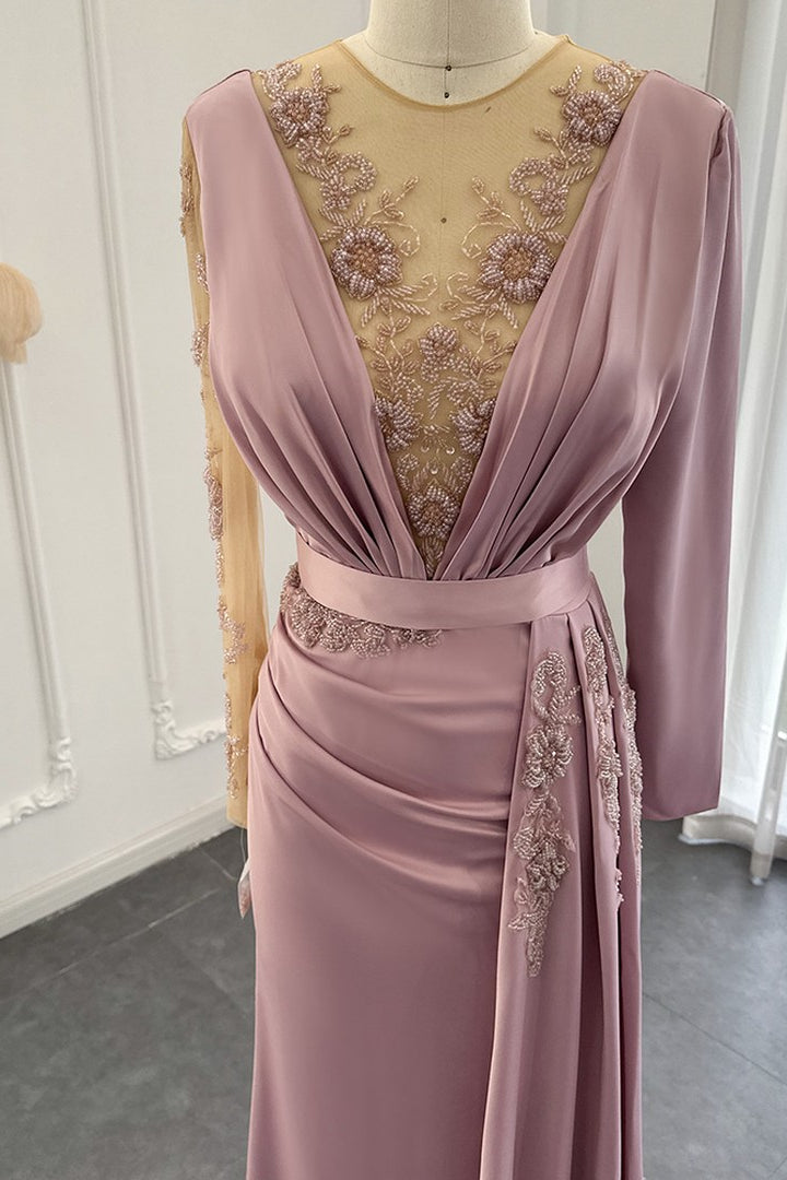 Stunning V Neck Mermaid Evening Dress with Long Sleeves and Appliques-BallBride
