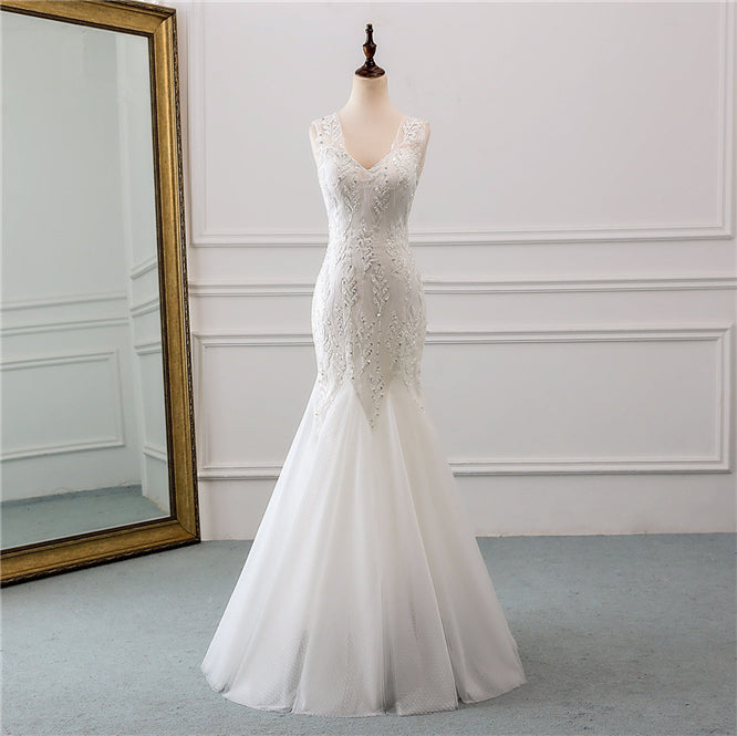 Stunning V-Neck Mermaid Wedding Dress With Beadings-BallBride