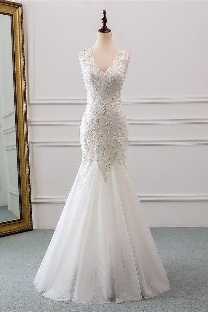 Stunning V-Neck Mermaid Wedding Dress With Beadings-BallBride