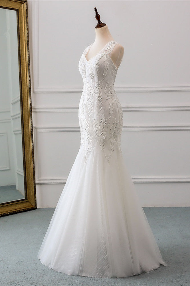 Stunning V-neck Tulle Long Mermaid Wedding Dress with Beadings-BallBride