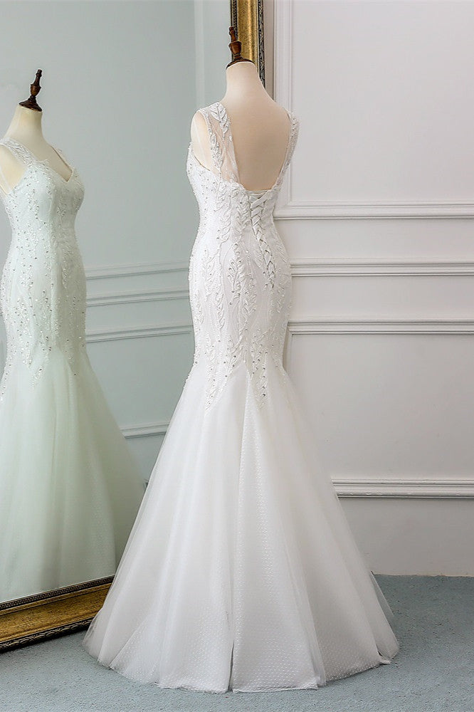 Stunning V-neck Tulle Long Mermaid Wedding Dress with Beadings-BallBride