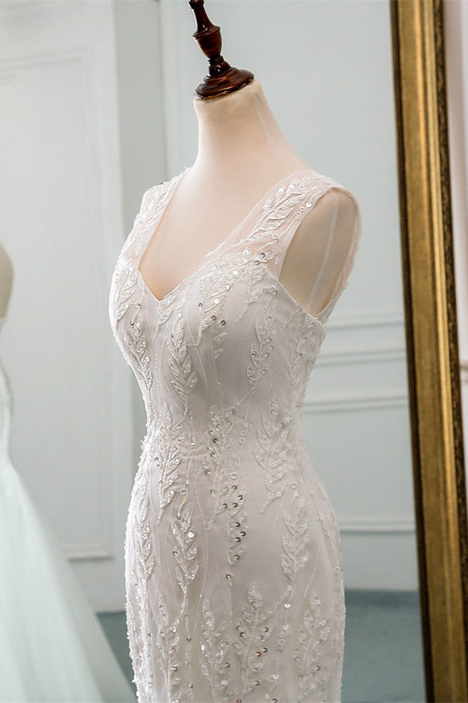 Stunning V-neck Tulle Long Mermaid Wedding Dress with Beadings-BallBride