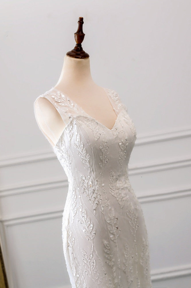 Stunning V-neck Tulle Long Mermaid Wedding Dress with Beadings-BallBride