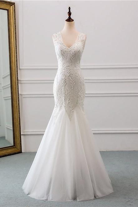 Stunning V-neck Tulle Long Mermaid Wedding Dress with Beadings-BallBride