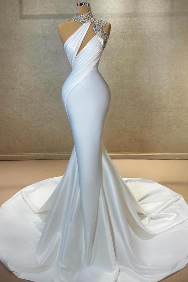 Stunning White Long Mermaid High Neck Sparkly Crystals Satin Prom Dress-BallBride
