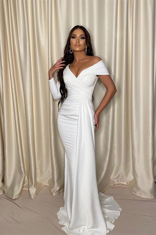 Stunning White Off-the-Shoulder Evening Dress with Mermaid Long Pleats-BallBride