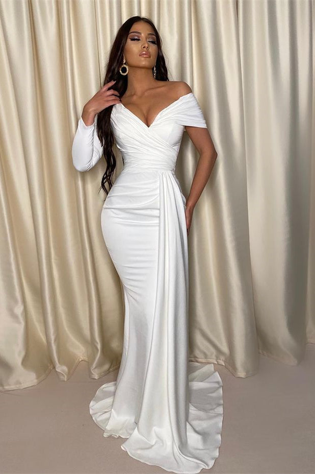Stunning White Off-the-Shoulder Evening Dress with Mermaid Long Pleats-BallBride
