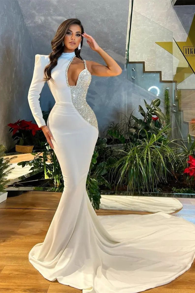 Stunning White Sequins Mermaid Prom Dress with One Shoulder-BallBride