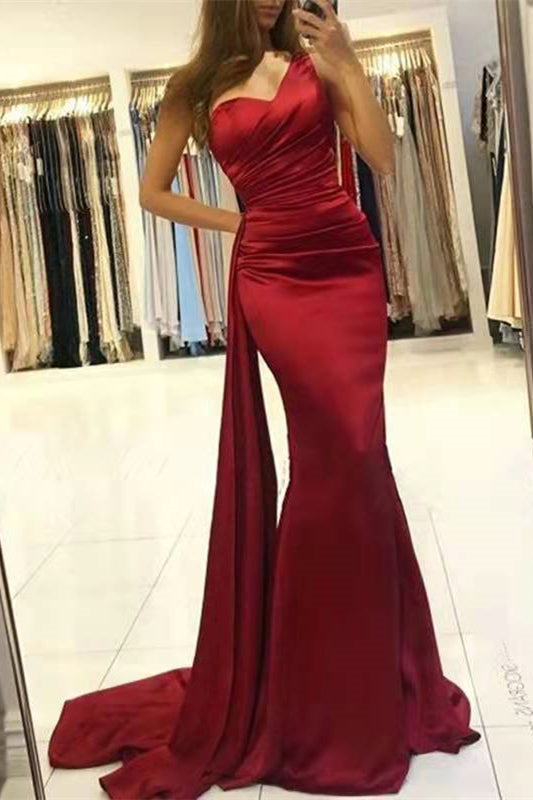 Stunning Wine Red Mermaid One Shoulder Prom Dress With Ruffles-BallBride