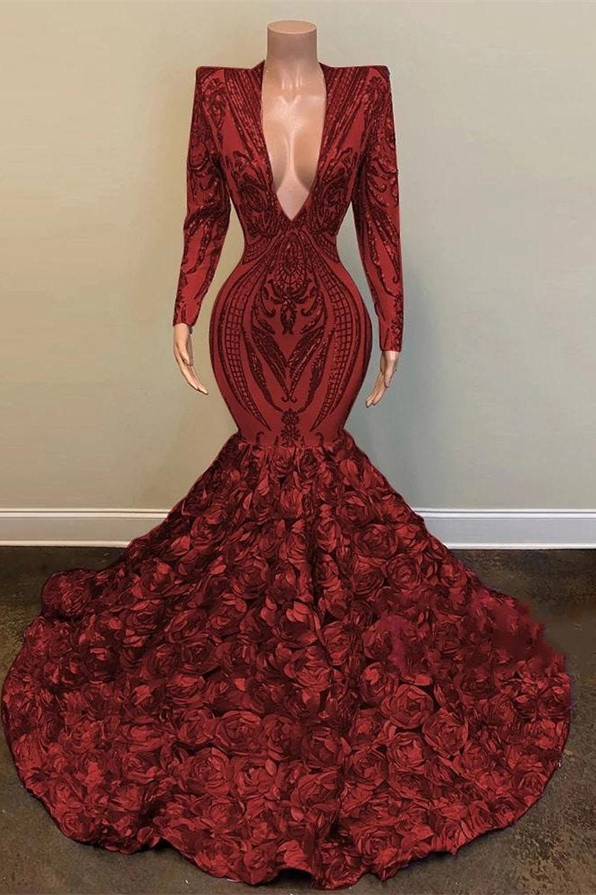 Stunning Wine Red Mermaid Prom Dress with Sequins & Lace V-Neck & Long Sleeves-BallBride