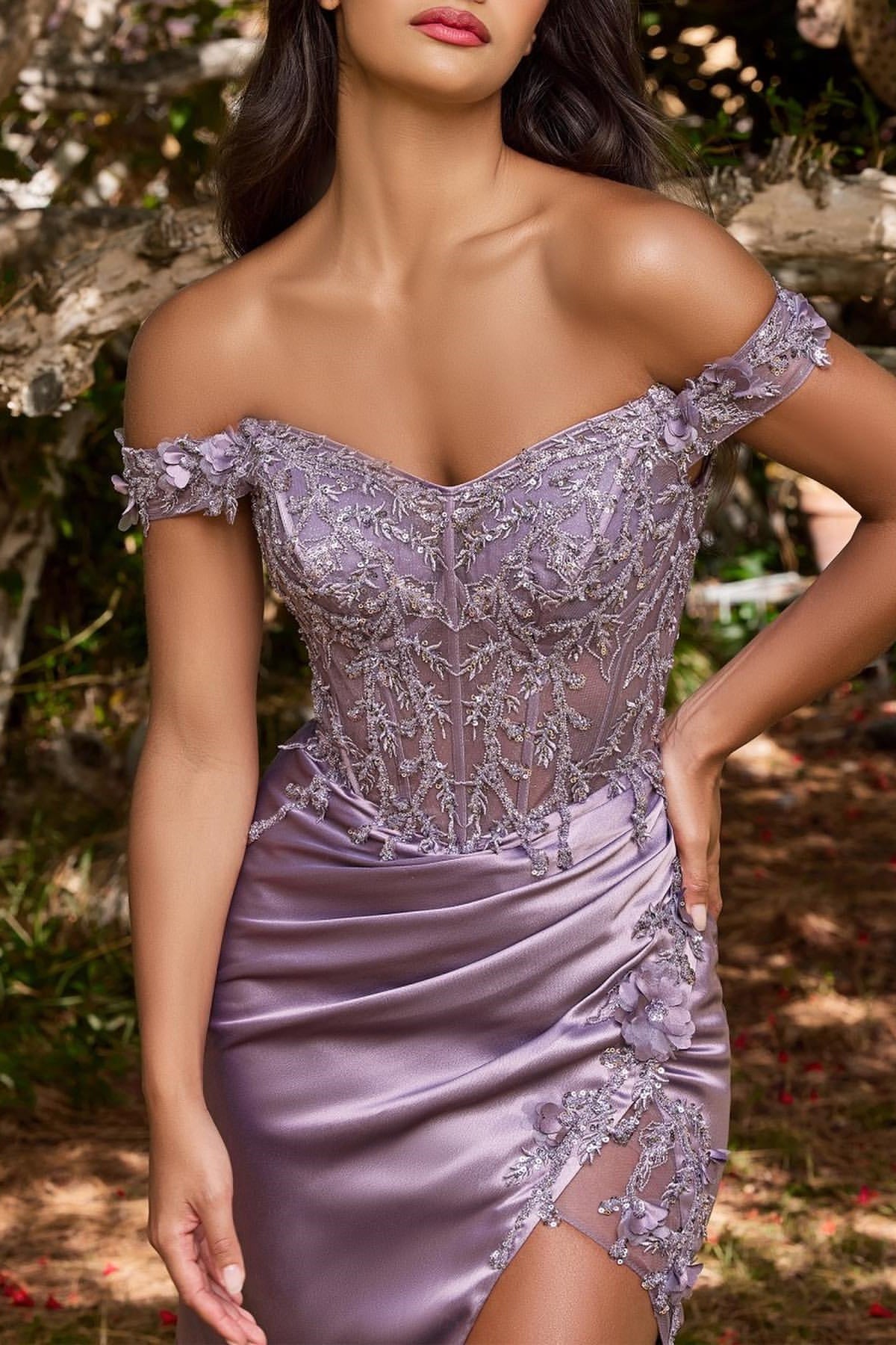 Stunning Wisteria Off-the-Shoulder Mermaid Evening Dress with Slit & Appliques-BallBride