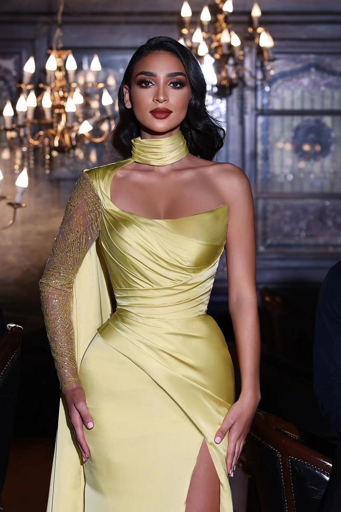 Stunning Yellow One Shoulder Mermaid Prom Dress with Split Sequins-BallBride