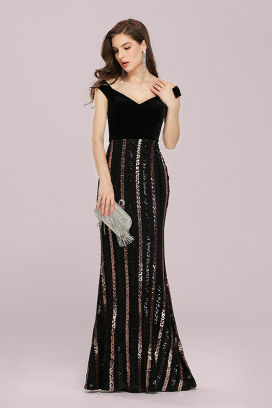 Stylish Black Sequins Long Sleeve V-Neck Evening Gown-BallBride
