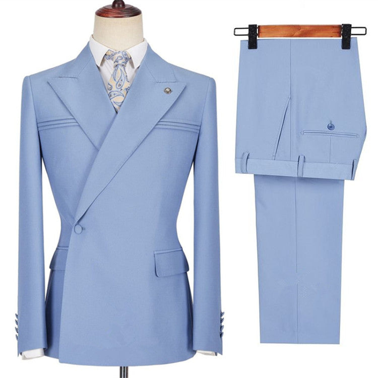 Stylish Blue Casual Prom Suit For Guys With Peaked Lapel and Ruffles-BallBride