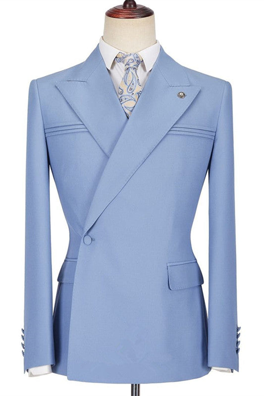 Stylish Blue Casual Prom Suit For Guys With Peaked Lapel and Ruffles-BallBride