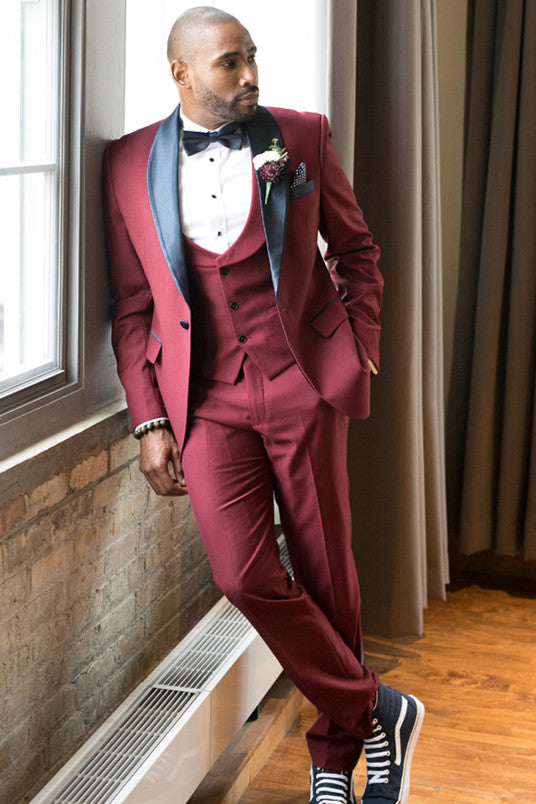 Stylish Burgundy Slim Fit Wedding Tuxedo with Black Shawl Lapel-BallBride