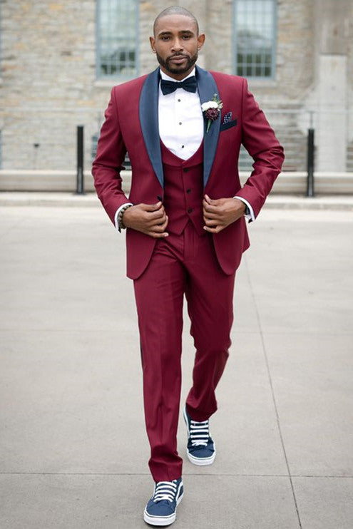 Stylish Burgundy Slim Fit Wedding Tuxedo with Black Shawl Lapel-BallBride