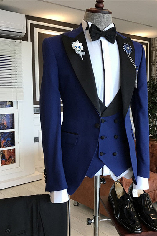 Stylish Dark Blue Groom Wedding Suits with Peaked Lapel-BallBride
