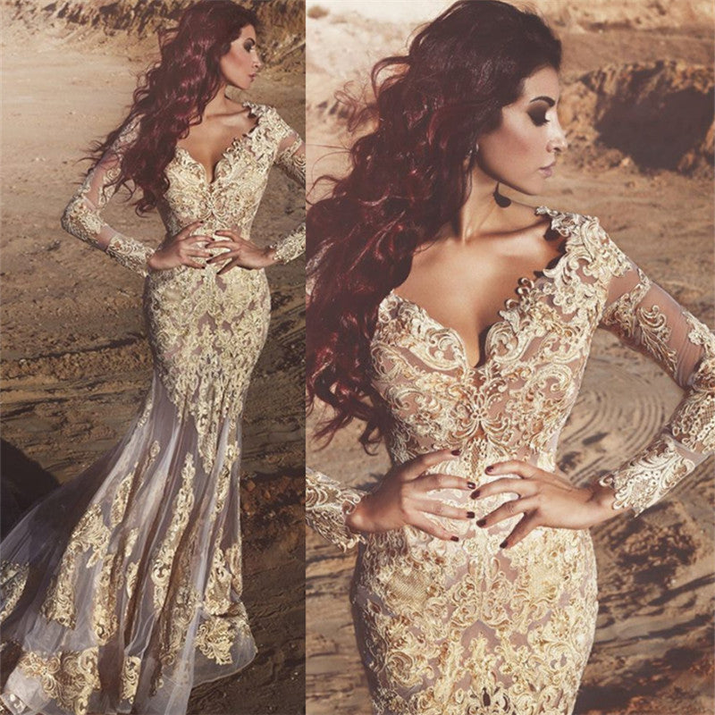 Stylish Gold Champagne Long Sleeve V-Neck Appliques Prom Dress-BallBride