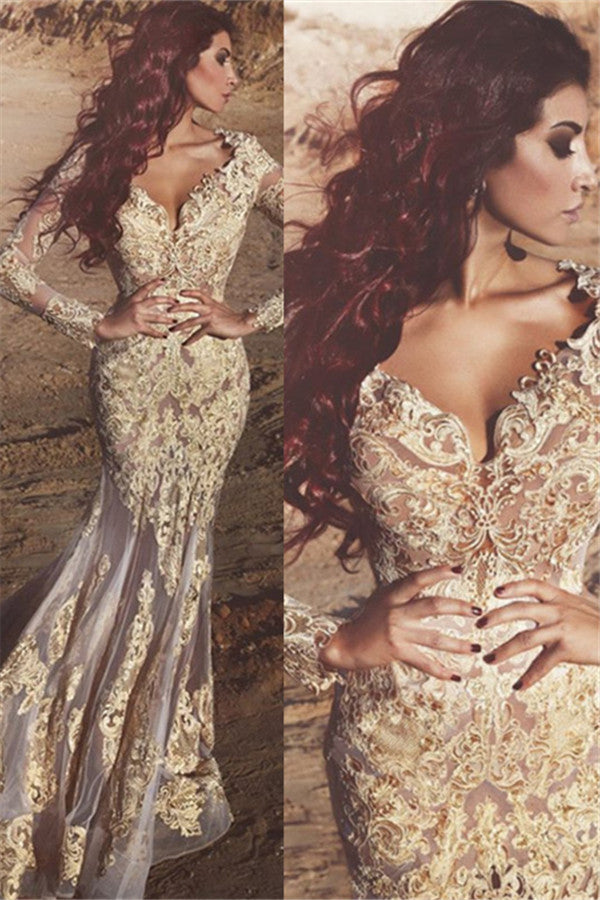 Stylish Gold Champagne Long Sleeve V-Neck Appliques Prom Dress-BallBride
