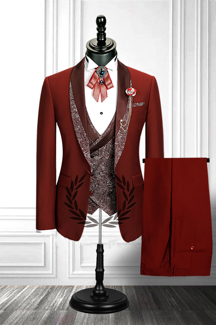 Stylish Red 3 Piece Stitching Lapel Double Breasted Waistcoat Men's Suit-BallBride
