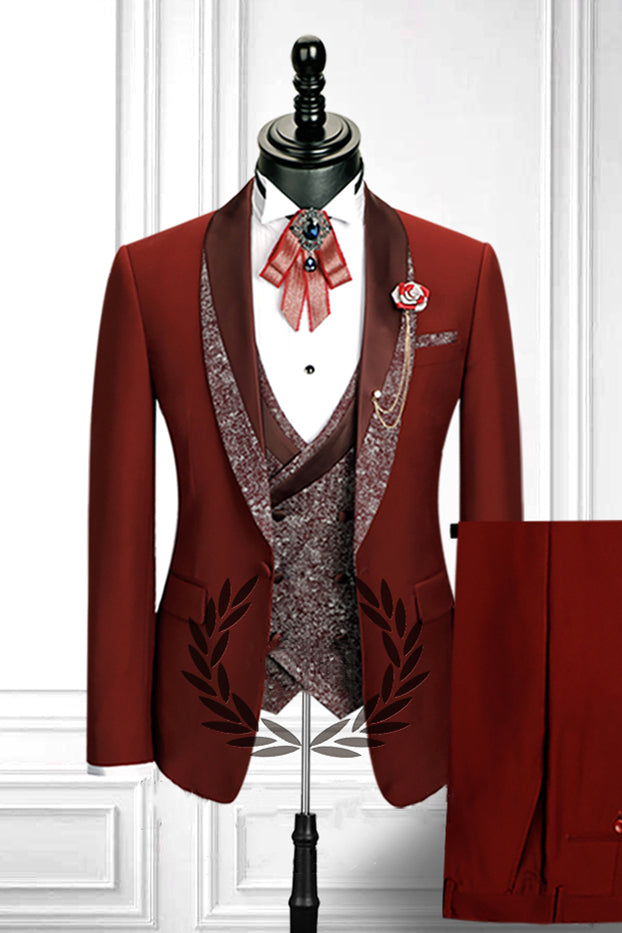 Stylish Red 3 Piece Stitching Lapel Double Breasted Waistcoat Men's Suit-BallBride