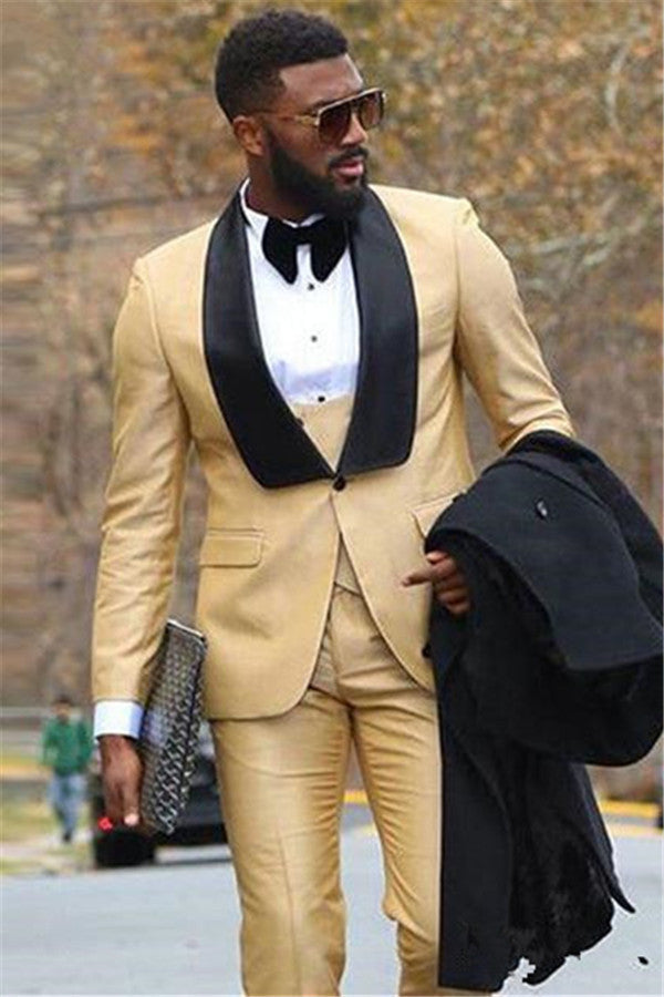 Stylish Three Piece Business Suit with Black Lapel - Champagne-BallBride