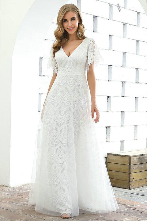 Summer Beach Lace Short Sleeve Long Wedding Dress-BallBride
