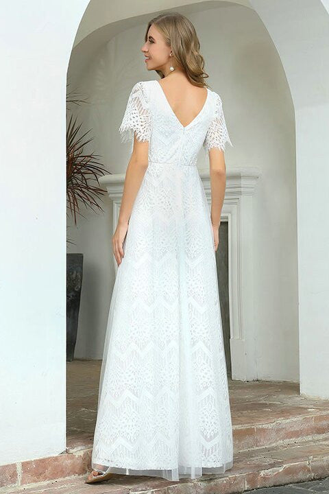 Summer Beach Lace Short Sleeve Long Wedding Dress-BallBride